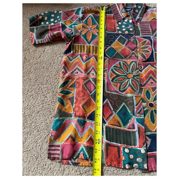 Vintage 100% Silk Patchwork Button Up Shirt Wearable Art Artsy Geometric Hippie - Picture 6 of 8